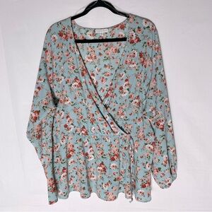 Ophelia Roe Green Red Floral Faux Wrap Blouse 3X